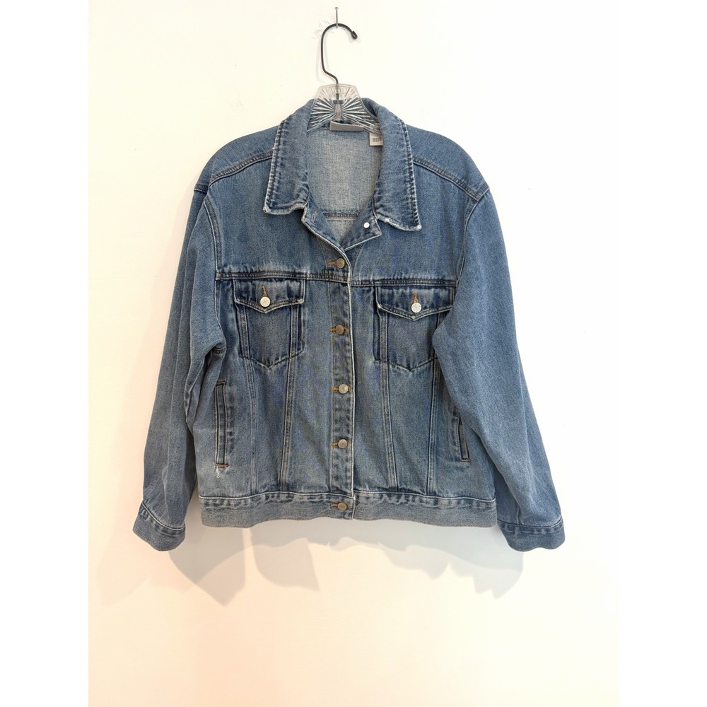 Bill Blass Vintage Denim Jacket Womens L Medium Wash Button Front Distressed